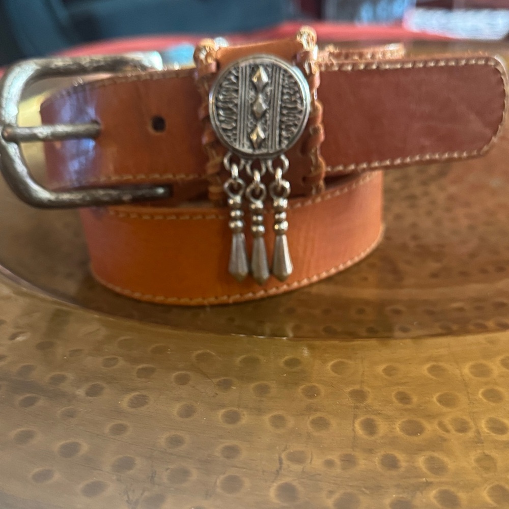 Tan Leather Women's Belt with Decorative Silver Medallion Charm